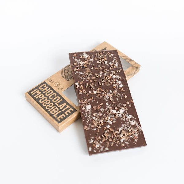 Chocolate negro sin gluten con nibs y flor de sal
